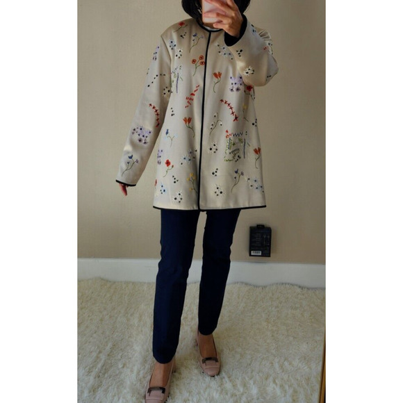 NWD Tory Burch Embroidery Quilted Open Front Satin jacket Sz 6 Pale Stone 1G474 - Picture 2 of 14